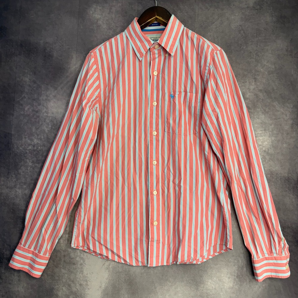 Abercrombie & Fitch Mens Muscle Fit Striped Button Down Shirt Pink Blue Medium